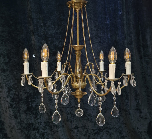 Elegant Vintage Italian 6 Arm Brass and Crystal Beaded Chandelier Ceiling Light