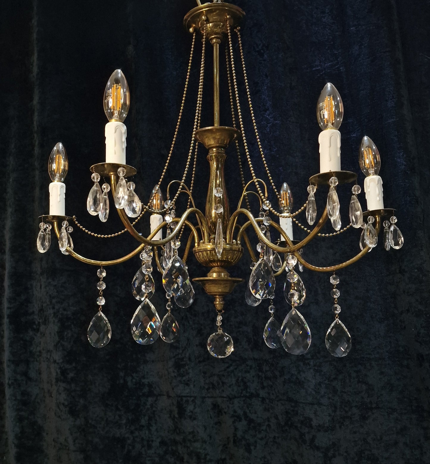 Elegant Vintage Italian 6 Arm Brass and Crystal Beaded Chandelier Ceiling Light