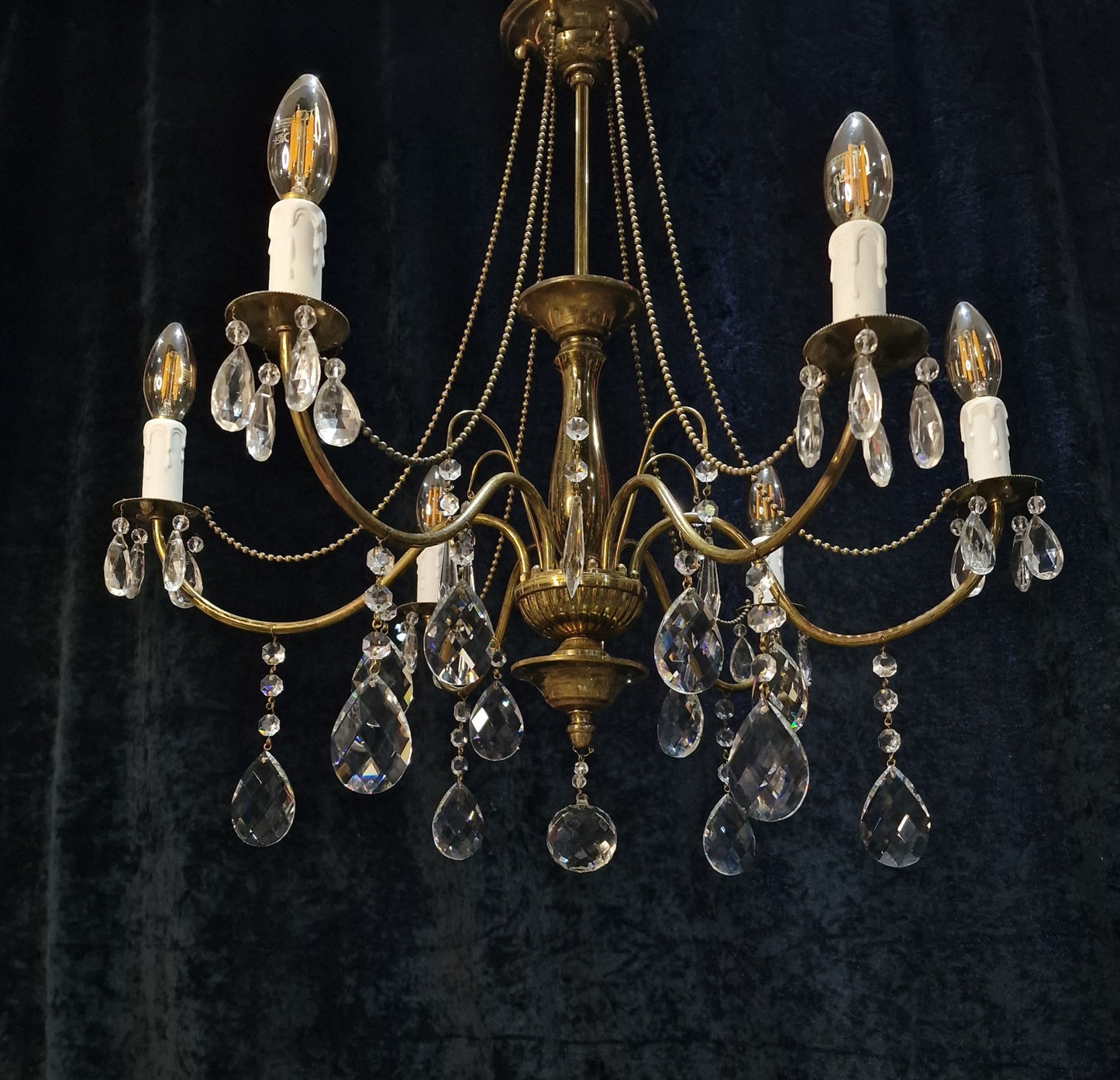 Elegant Vintage Italian 6 Arm Brass and Crystal Beaded Chandelier Ceiling Light