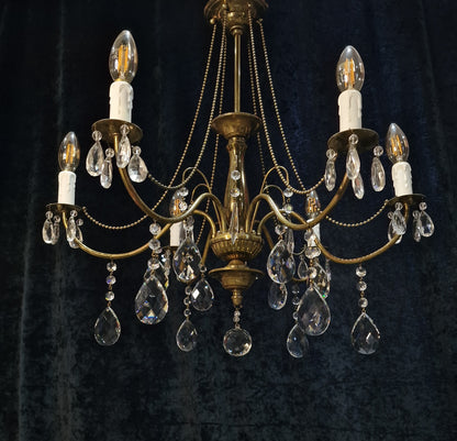Elegant Vintage Italian 6 Arm Brass and Crystal Beaded Chandelier Ceiling Light