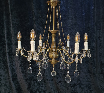 Elegant Vintage Italian 6 Arm Brass and Crystal Beaded Chandelier Ceiling Light
