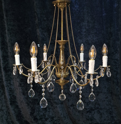 Elegant Vintage Italian 6 Arm Brass and Crystal Beaded Chandelier Ceiling Light
