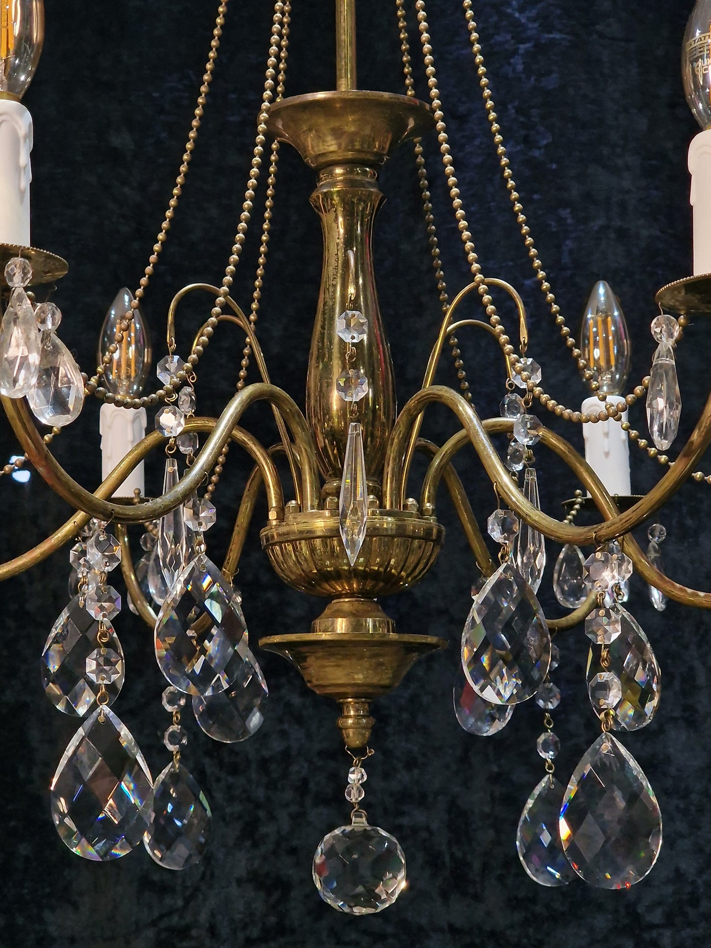 Elegant Vintage Italian 6 Arm Brass and Crystal Beaded Chandelier Ceiling Light