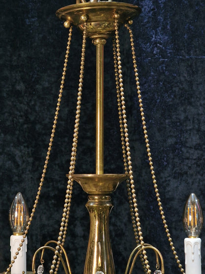 Elegant Vintage Italian 6 Arm Brass and Crystal Beaded Chandelier Ceiling Light