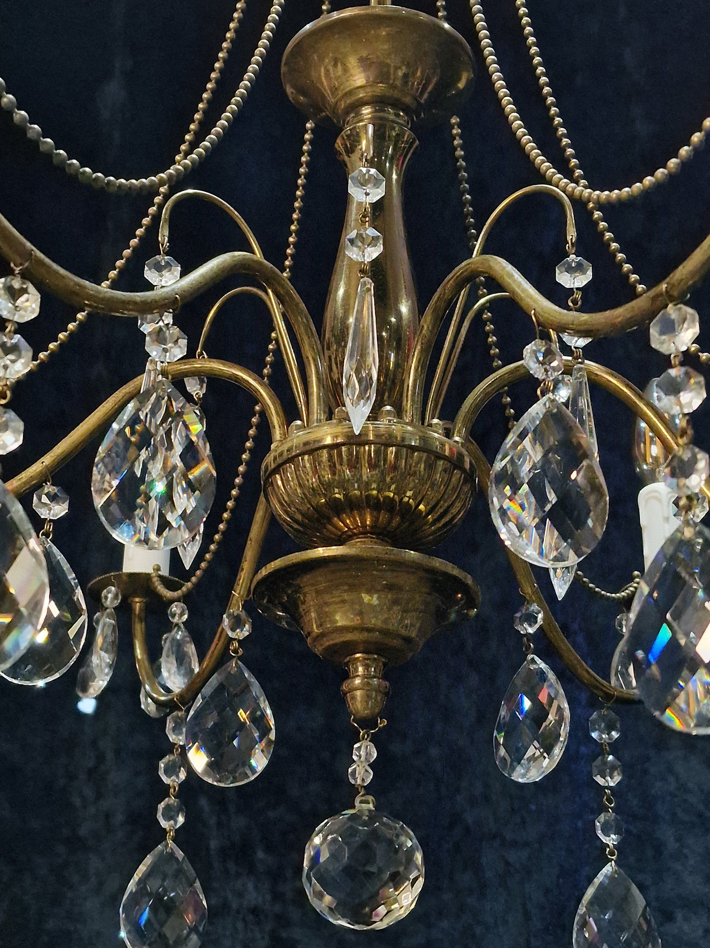 Elegant Vintage Italian 6 Arm Brass and Crystal Beaded Chandelier Ceiling Light