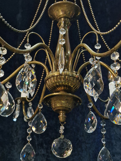 Elegant Vintage Italian 6 Arm Brass and Crystal Beaded Chandelier Ceiling Light