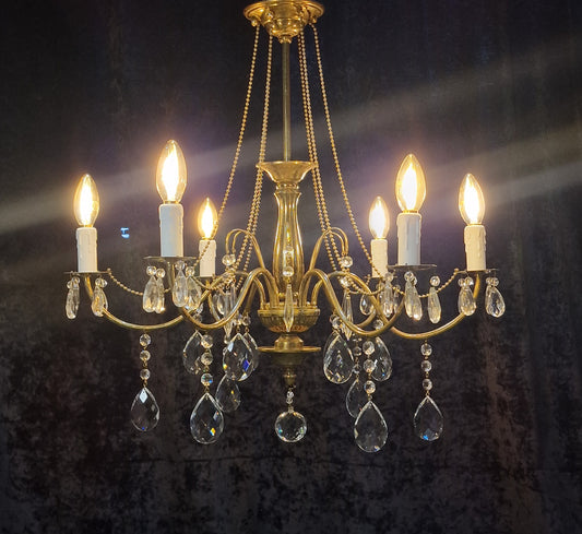 Elegant Vintage Italian 6 Arm Brass and Crystal Beaded Chandelier Ceiling Light