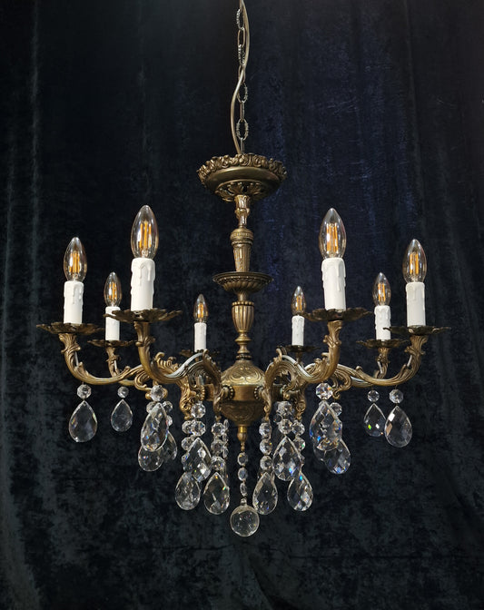 RESERVED Decorative Vintage Italian Heavy 8 Arm Brass Crystal Chandelier Ceiling Light