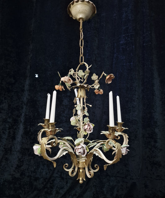 Lovely Old Vintage Italy Florentine Toleware Porcelain Flower Candle Chandelier