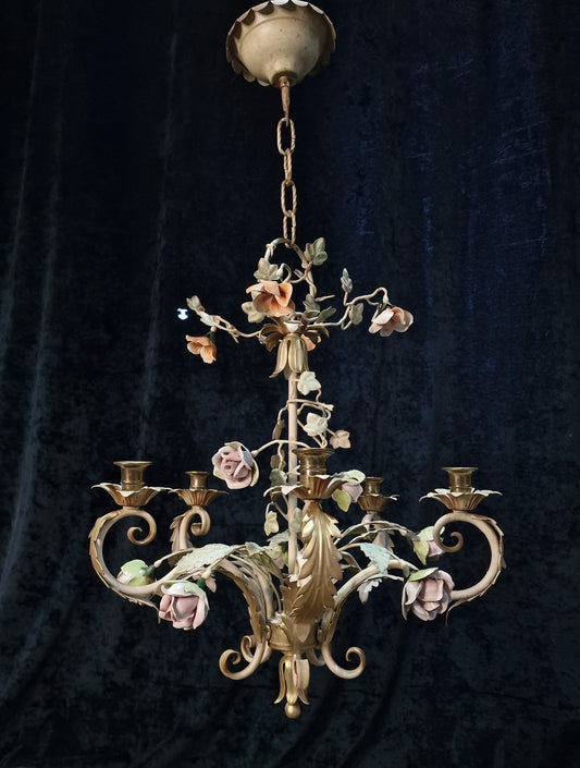 Lovely Old Vintage Italy Florentine Toleware Porcelain Flower Candle Chandelier