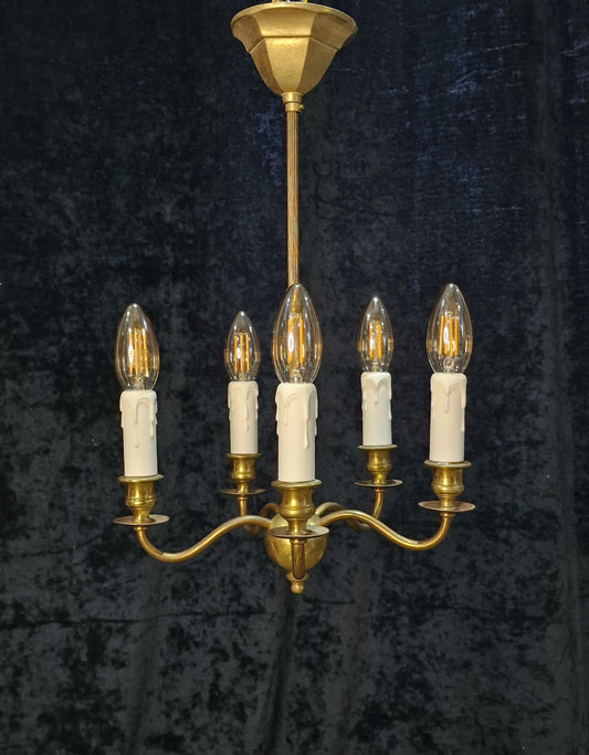 Elegant Petite Antique Brass 5 Arm Traditional French Chandelier Ceiling Light