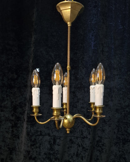 Elegant Petite Antique Brass 5 Arm Traditional French Chandelier Ceiling Light