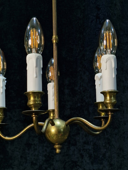 Elegant Petite Antique Brass 5 Arm Traditional French Chandelier Ceiling Light
