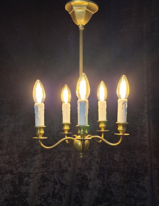 Elegant Petite Antique Brass 5 Arm Traditional French Chandelier Ceiling Light