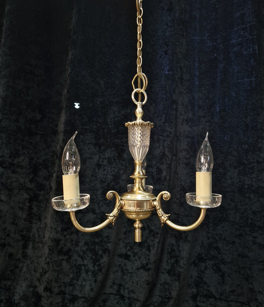 Lovely Vintage Silvered Nickle Plated Crystal Glass 3 Arm Chandelier Light
