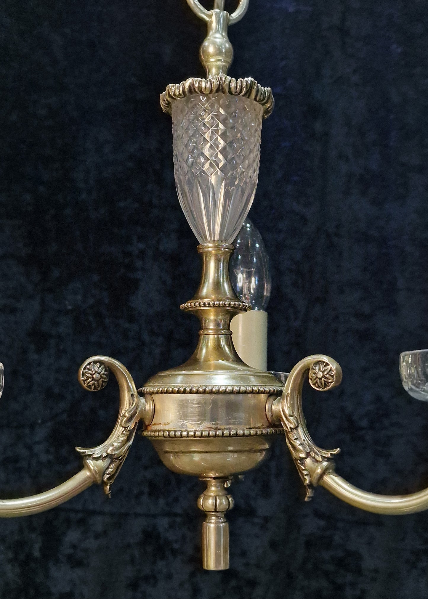 Lovely Vintage Silvered Nickle Plated Crystal Glass 3 Arm Chandelier Light