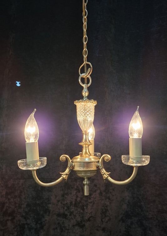 Lovely Vintage Silvered Nickle Plated Crystal Glass 3 Arm Chandelier Light
