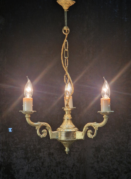 Decorative Vintage Gilded Spelter 3 Arm Ornate Chandelier Ceiling Light