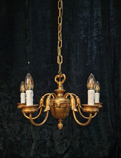 Beautiful Heavy Vintage 5 Arm Gilded Toleware Lion Head Chandelier Ceiling Light