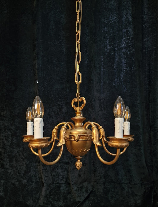 Beautiful Heavy Vintage 5 Arm Gilded Toleware Lion Head Chandelier Ceiling Light