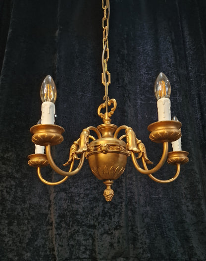 Beautiful Heavy Vintage 5 Arm Gilded Toleware Lion Head Chandelier Ceiling Light