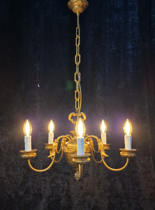 Beautiful Heavy Vintage 5 Arm Gilded Toleware Lion Head Chandelier Ceiling Light