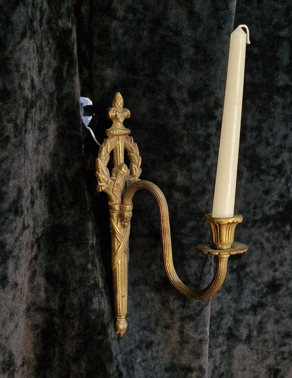 Traditional Pair of Antique French Empire 1 Arm Brass Wall Lights Sconces