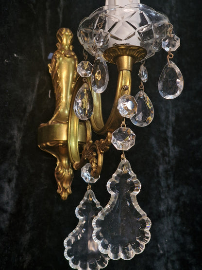 Lovely Pair of Vintage French Leaf Brass Crystal 1 Arm Wall Lights Sconces