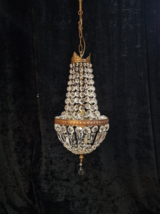 Traditional Antique French 1 Light Crystal Brass Montgolfiere Chandelier Light