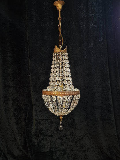 Traditional Antique French 1 Light Crystal Brass Montgolfiere Chandelier Light