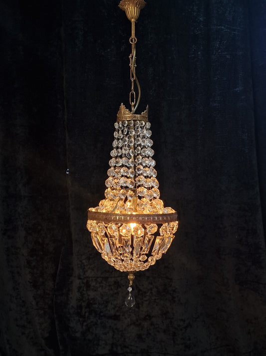 Traditional Antique French 1 Light Crystal Brass Montgolfiere Chandelier Light