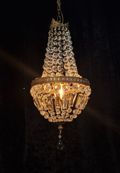 Traditional Antique French 1 Light Crystal Brass Montgolfiere Chandelier Light