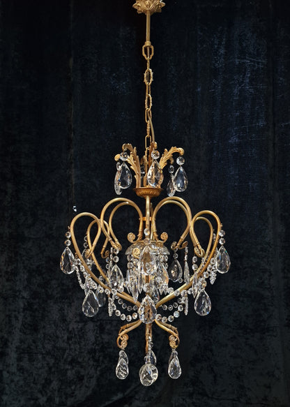 Stunning Large Vintage Italian 1 Light Caged Crystal Brass Chandelier Light