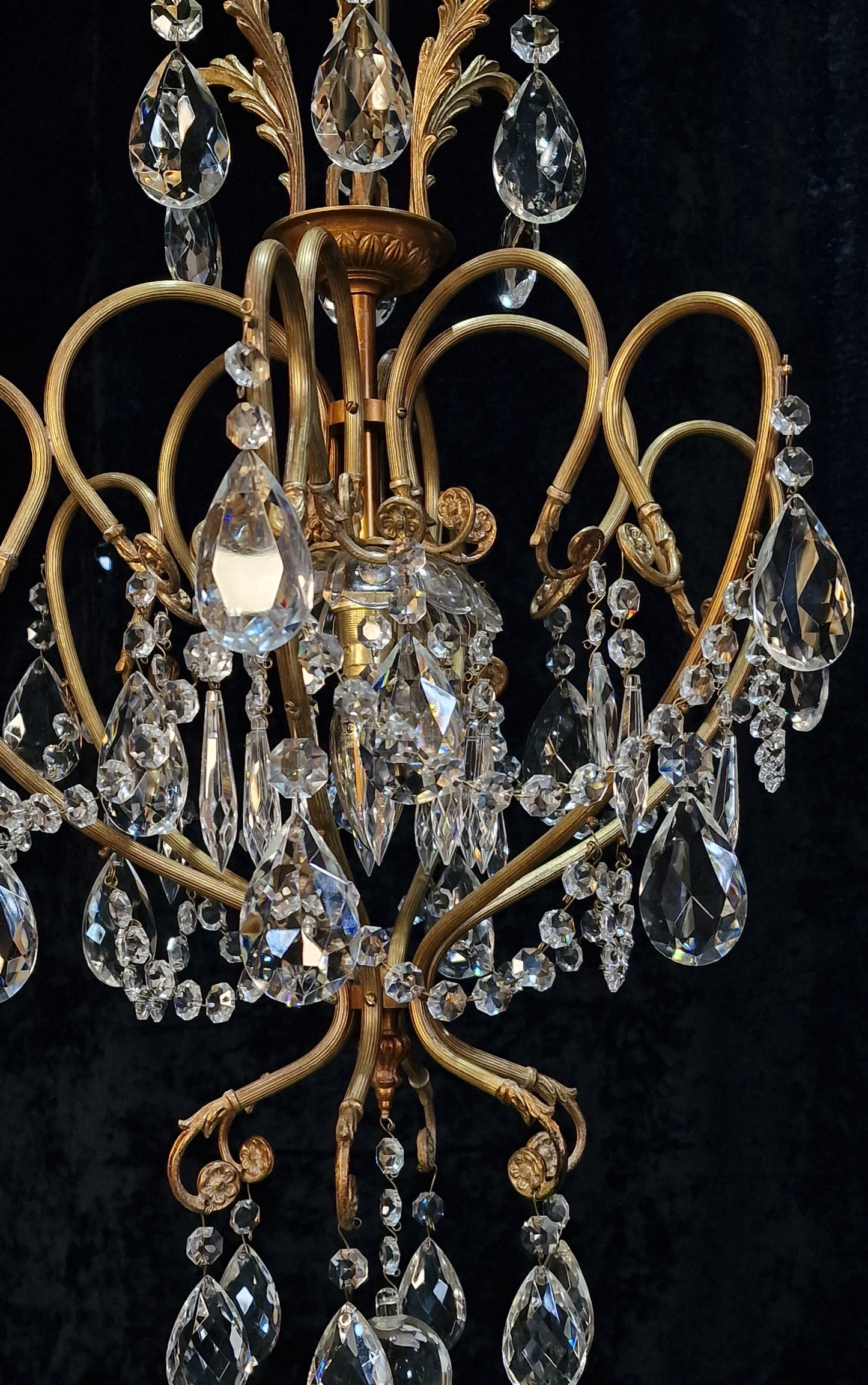 Stunning Large Vintage Italian 1 Light Caged Crystal Brass Chandelier Light