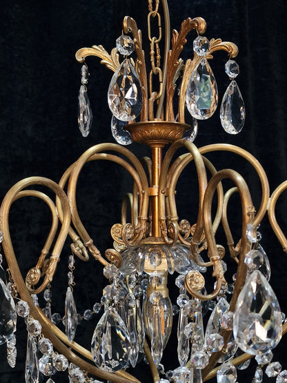 Stunning Large Vintage Italian 1 Light Caged Crystal Brass Chandelier Light