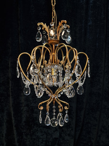 Stunning Large Vintage Italian 1 Light Caged Crystal Brass Chandelier Light