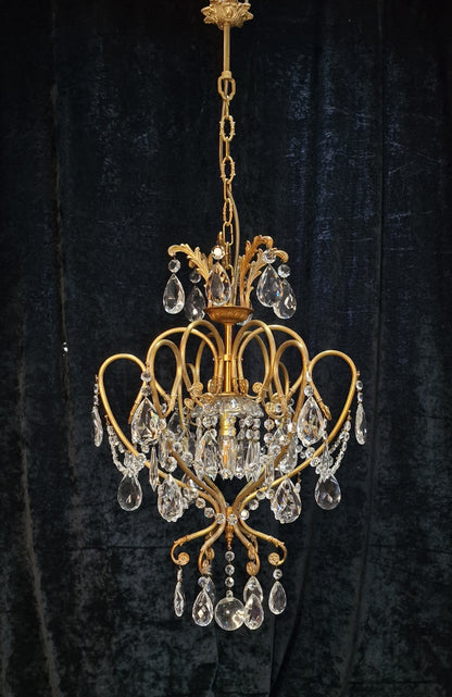 Stunning Large Vintage Italian 1 Light Caged Crystal Brass Chandelier Light