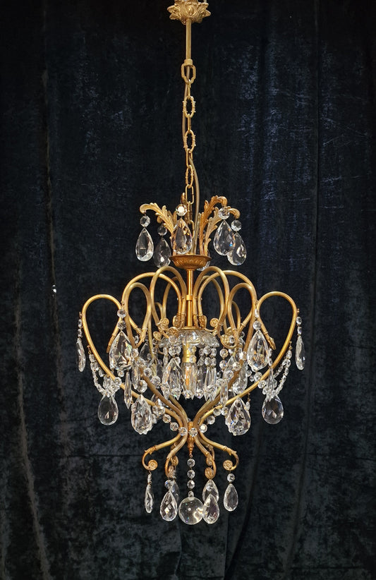 Stunning Large Vintage Italian 1 Light Caged Crystal Brass Chandelier Light