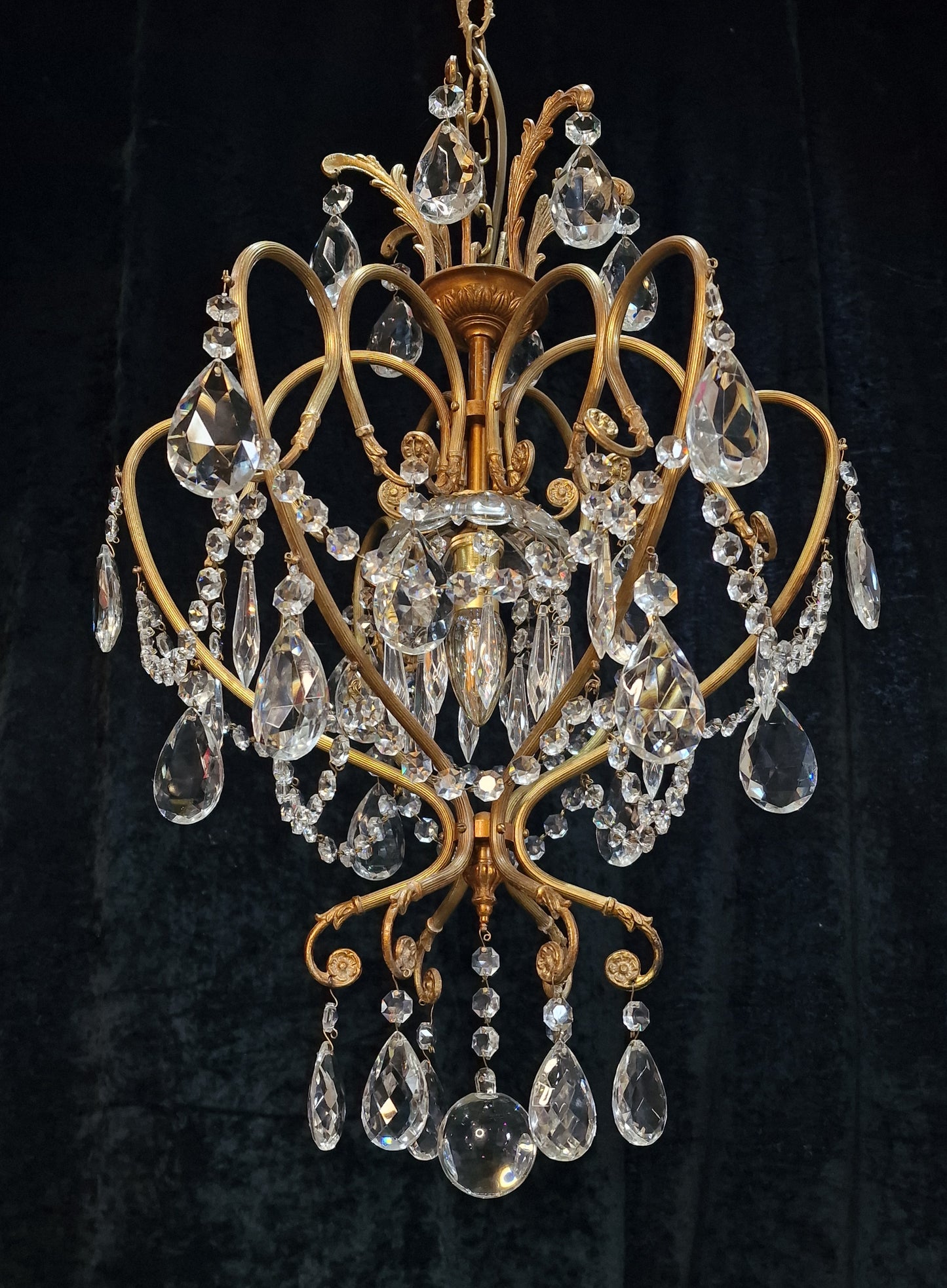 Stunning Large Vintage Italian 1 Light Caged Crystal Brass Chandelier Light