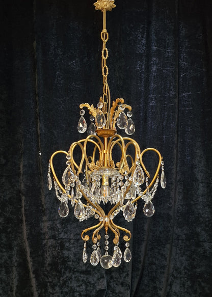 Stunning Large Vintage Italian 1 Light Caged Crystal Brass Chandelier Light