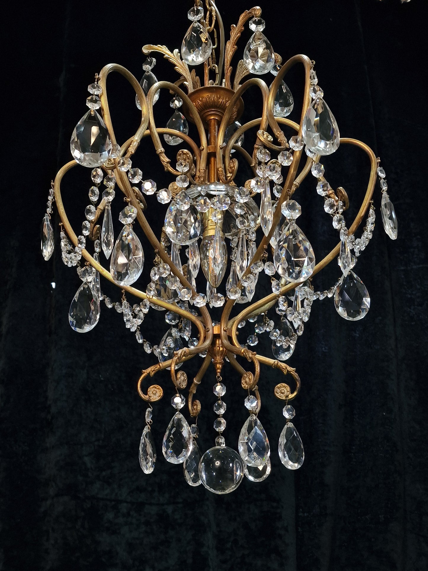 Stunning Large Vintage Italian 1 Light Caged Crystal Brass Chandelier Light
