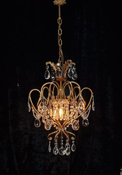 Stunning Large Vintage Italian 1 Light Caged Crystal Brass Chandelier Light