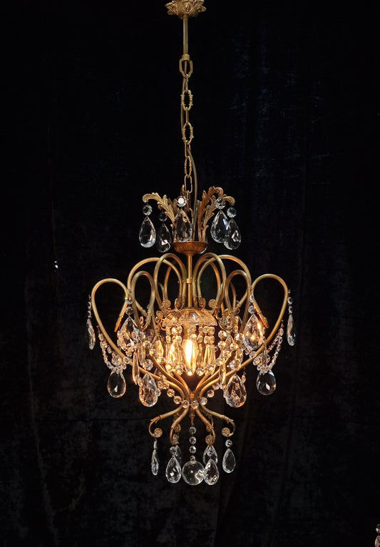 Stunning Large Vintage Italian 1 Light Caged Crystal Brass Chandelier Light