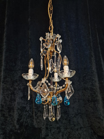 Beautiful Antique French 3 Arm Caged Iron Crystal Pear Chandelier Ceiling Light