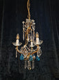 Beautiful Antique French 3 Arm Caged Iron Crystal Pear Chandelier Ceiling Light