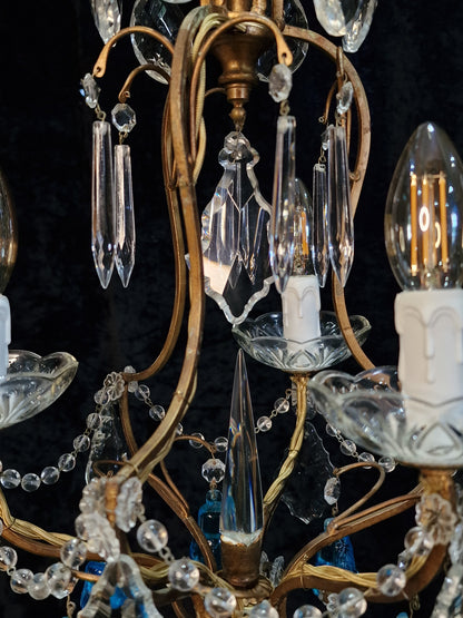 Beautiful Antique French 3 Arm Caged Iron Crystal Pear Chandelier Ceiling Light
