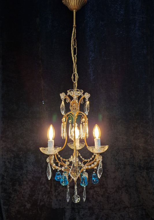 Beautiful Antique French 3 Arm Caged Iron Crystal Pear Chandelier Ceiling Light