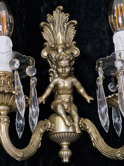 Traditional Pair Heavy Vintage French Silvered 2 Arm Cherub Sconces Wall Lights
