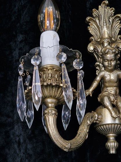 Traditional Pair Heavy Vintage French Silvered 2 Arm Cherub Sconces Wall Lights