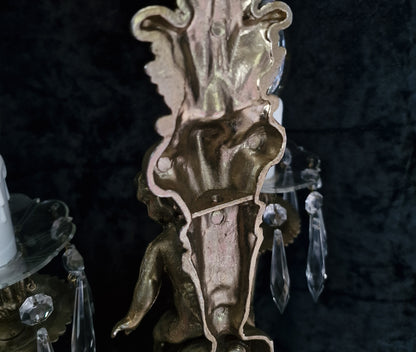 Traditional Pair Heavy Vintage French Silvered 2 Arm Cherub Sconces Wall Lights